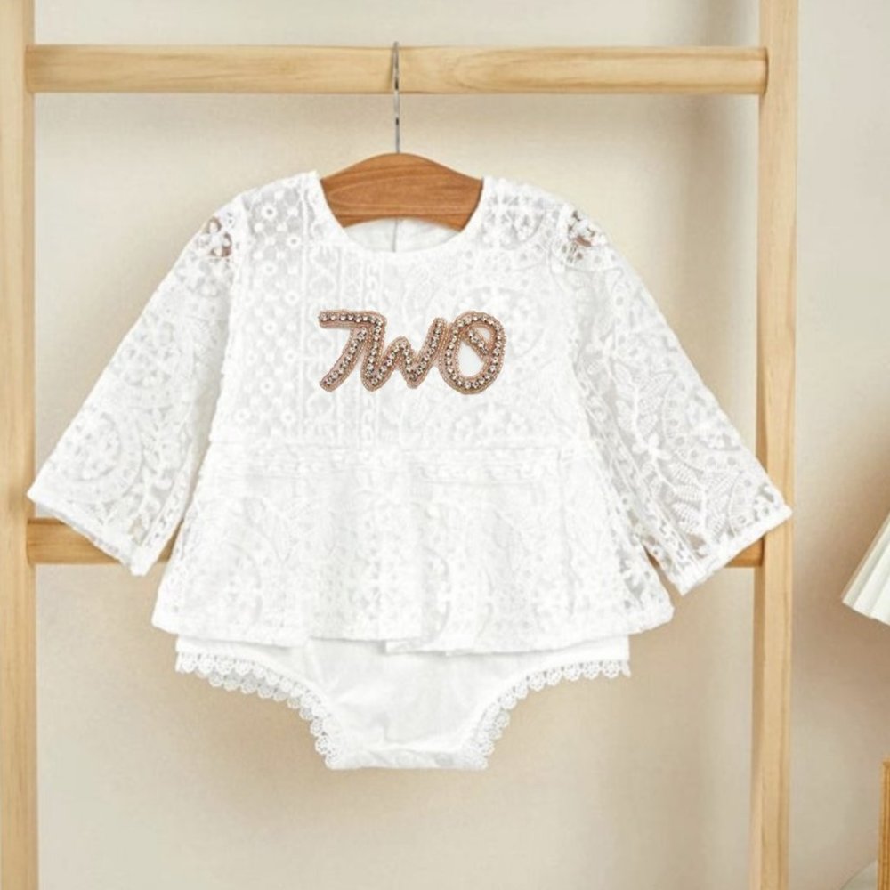 White Lace Long Sleeve Floral Easter two Birthday Outfit Clothes Dress romper